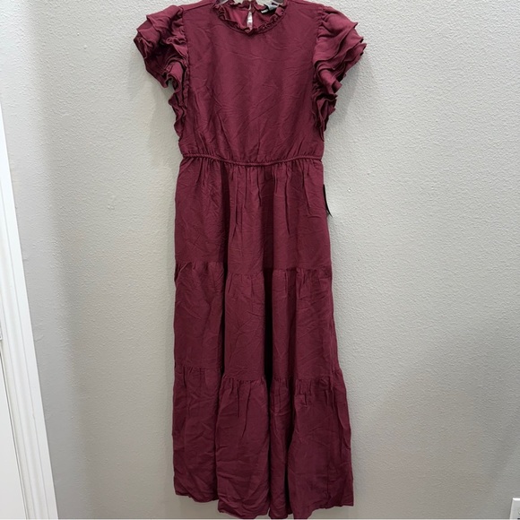 Love  by Design Maxi Dress Size Small Burgundy Ruffles Fall Dainty New - Picture 7 of 7